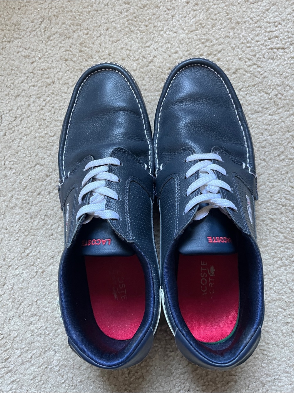 Lacoste Men's Navy Leather Boat Shoes with White Laces